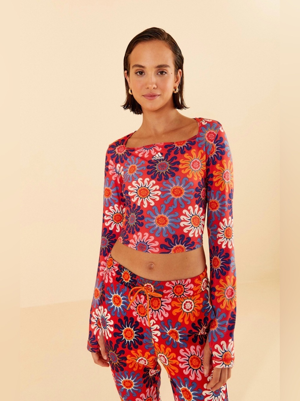 Adidas FARM Rio collab Vibrant Red Floral Long-Sleeve Athletic Crop Top S